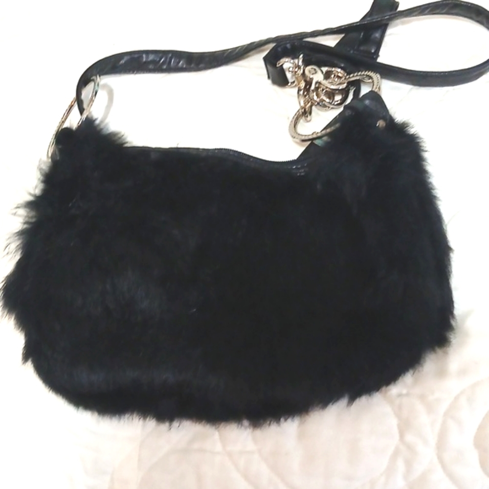 Black Faux Fur Shoulder Bag with Chain Accent